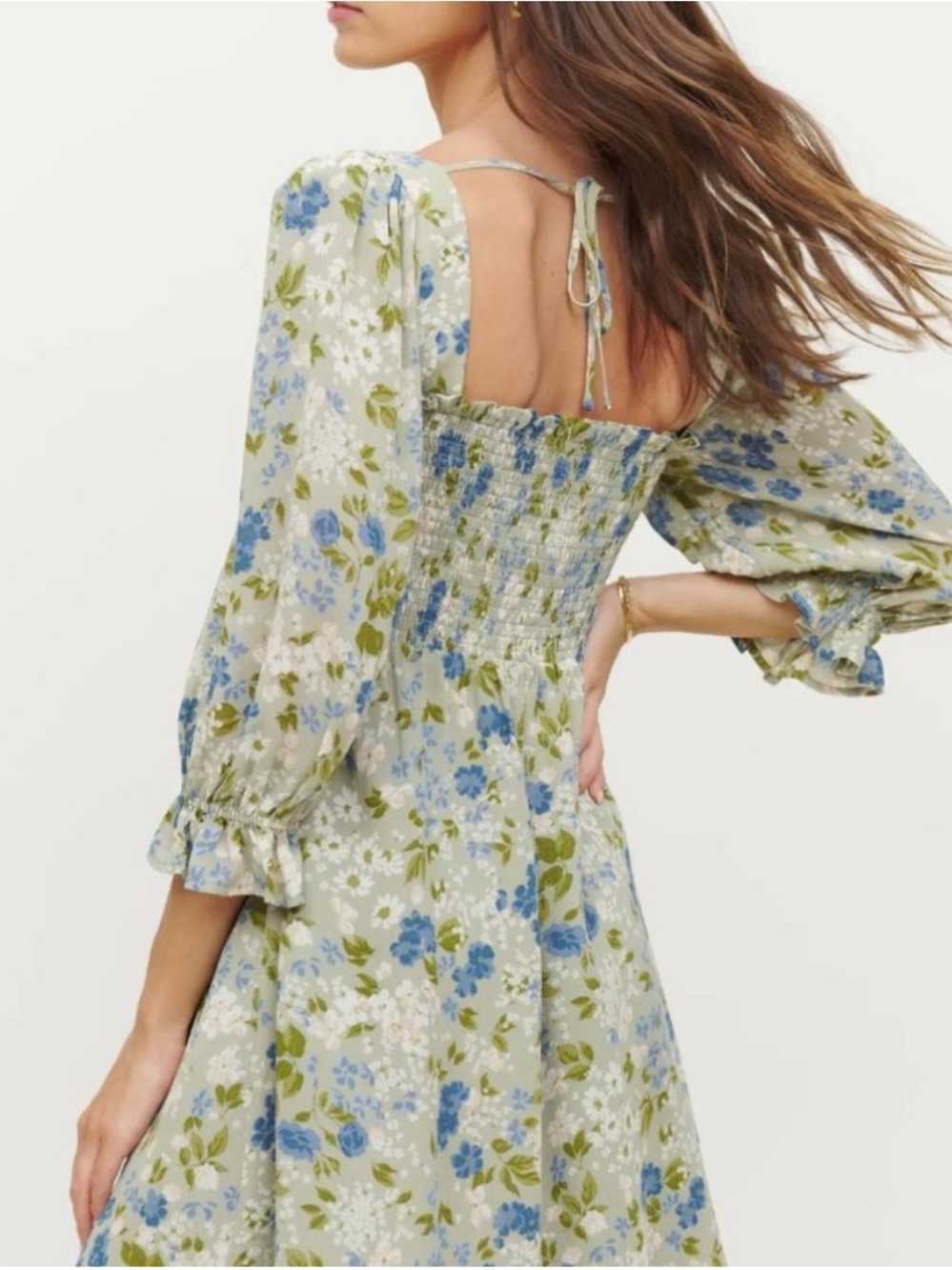 Reformation Zaria Green Floral Puff-Sleeve Midi Dress